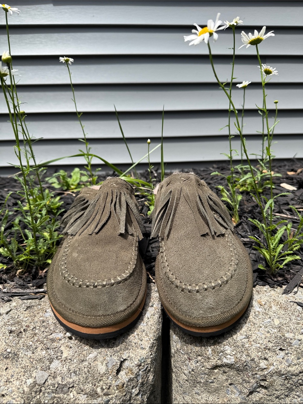 Free People Olive Green Suede Fringe Moccasins 💚